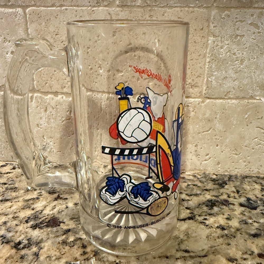 Vintage Budweiser Spuds MacKenzie Beer GLASS MUG 1988 Bud Light Sports, Golf